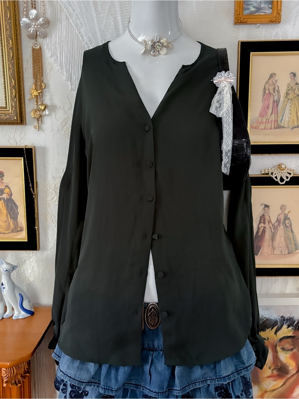 Whimsigoth witchy romantic girly pleated sleeve dark green button chiffon blouse